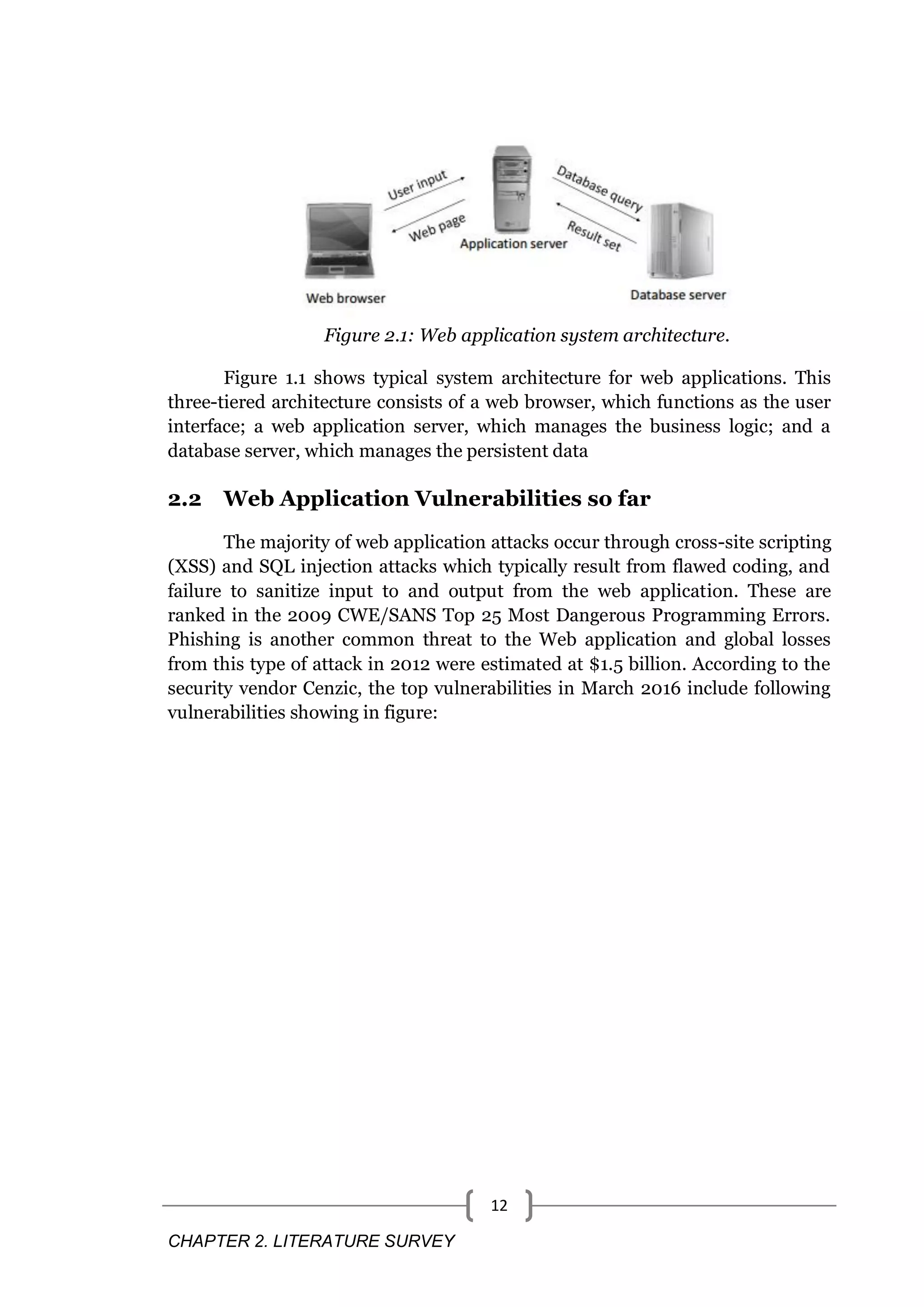 CHAPTER 2. LITERATURE SURVEY 12 Figure 2.1: Web application system architecture. Figure 1.1 shows typical system architecture for web applications. This three-tiered architecture consists of a web browser, which functions as the user interface; a web application server, which manages the business logic; and a database server, which manages the persistent data 2.2 Web Application Vulnerabilities so far The majority of web application attacks occur through cross-site scripting (XSS) and SQL injection attacks which typically result from flawed coding, and failure to sanitize input to and output from the web application. These are ranked in the 2009 CWE/SANS Top 25 Most Dangerous Programming Errors. Phishing is another common threat to the Web application and global losses from this type of attack in 2012 were estimated at $1.5 billion. According to the security vendor Cenzic, the top vulnerabilities in March 2016 include following vulnerabilities showing in figure: 