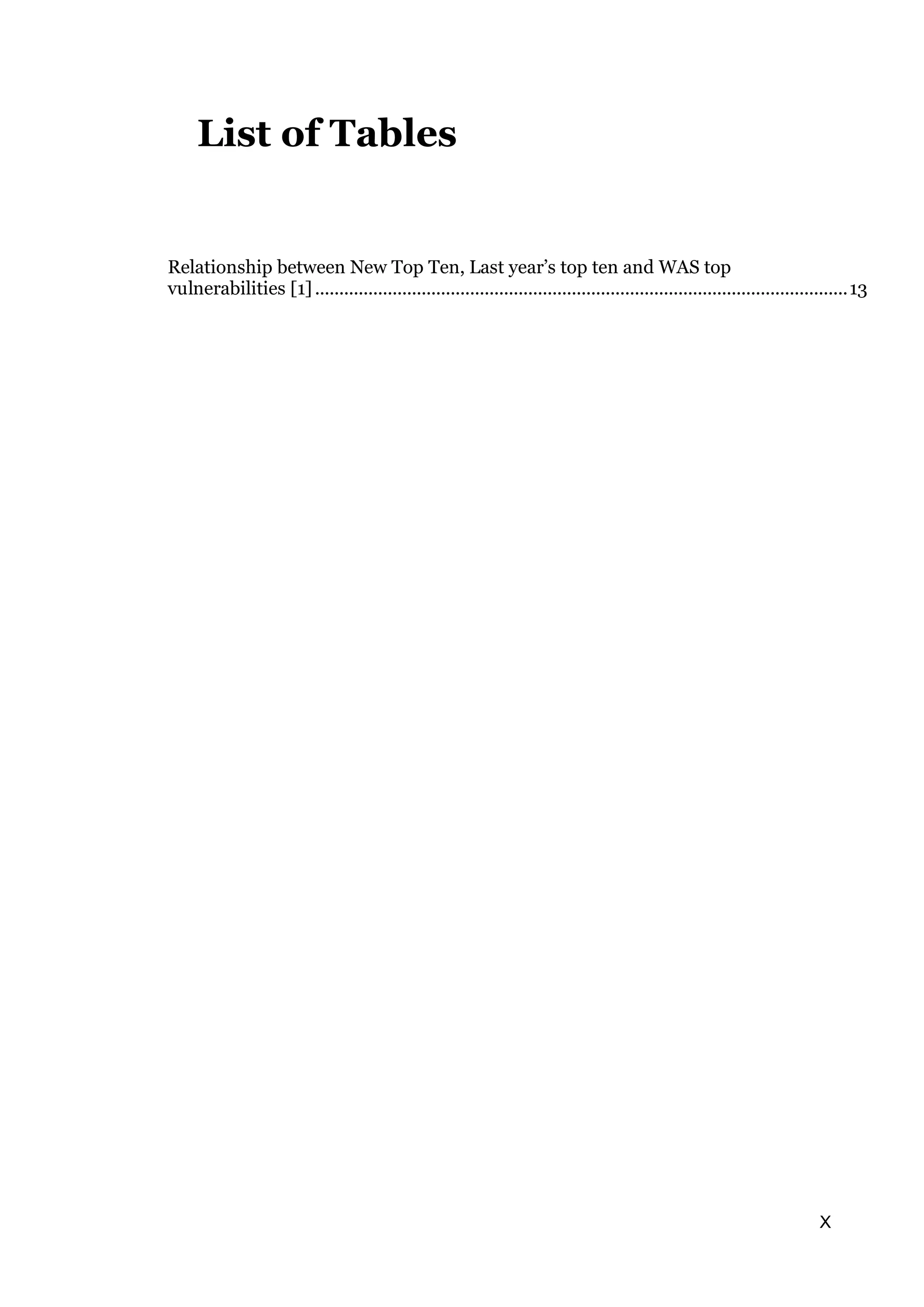 X List of Tables Relationship between New Top Ten, Last year’s top ten and WAS top vulnerabilities [1]..............................................................................................................13 
