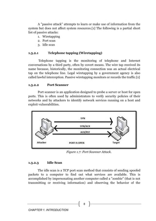 CHAPTER 1. INTRODUCTION
8
A "passive attack" attempts to learn or make use of information from the
system but does not affect system resources.[1] The following is a partial short
list of passive attacks:
1. Wiretapping
2. Port scan
3. Idle scan
1.3.2.1 Telephone tapping (Wiretapping)
Telephone tapping is the monitoring of telephone and Internet
conversations by a third party, often by covert means. The wire tap received its
name because, historically, the monitoring connection was an actual electrical
tap on the telephone line. Legal wiretapping by a government agency is also
called lawful interception. Passive wiretapping monitors or records the traffic.[1]
1.3.2.2 Port Scanner
Port scanner is an application designed to probe a server or host for open
ports. This is often used by administrators to verify security policies of their
networks and by attackers to identify network services running on a host and
exploit vulnerabilities.
Figure 1.7: Port Scanner Attack.
1.3.2.3 Idle Scan
The idle scan is a TCP port scan method that consists of sending spoofed
packets to a computer to find out what services are available. This is
accomplished by impersonating another computer called a "zombie" (that is not
transmitting or receiving information) and observing the behavior of the
 