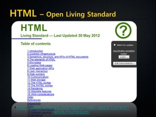 HTML – Open Living Standard
•http://www.whatwg.org/specs/web-apps/current-
work/multipage/
 