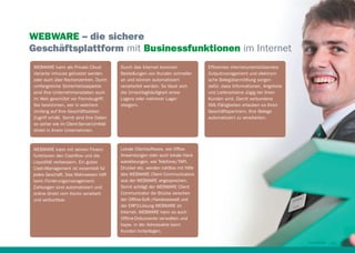 WEBWARE – die sichere
Geschäftsplattform mit Businessfunktionen im Internet
WEBWARE kann als Private Cloud
Variante inhouse gehostet werden
oder auch über Rechenzentren. Durch
umfangreiche Sicherheitsaspekte
sind Ihre Unternehmensdaten auch
im Web geschützt vor Fremdzugriff.
Sie bestimmen, wer in welchem
Umfang auf Ihre Geschäftsdaten
Zugriff erhält. Somit sind Ihre Daten
so sicher wie im Client-Server-Umfeld
direkt in Ihrem Unternehmen.

Durch das Internet kommen
Bestellungen von Kunden schneller
an und können automatisiert
verarbeitet werden. So lässt sich
die Umschlaghäuﬁgkeit eines
Lagers oder mehrerer Lager
steigern.

WEBWARE kann mit seinen Finanzfunktionen den Cashﬂow und die
Liquidität verbessern. Ein gutes
Cash-Management ist essentiell für
jedes Geschäft. Das Mahnwesen hilft
beim Forderungsmanagement.
Zahlungen sind automatisiert und
online direkt vom Konto verarbeitund verbuchbar.

Efﬁzientes internetunterstützendes
Outputmanagement und elektronische Belegübermittlung sorgen
dafür, dass Informationen, Angebote
und Lieferscheine zügig bei Ihren
Kunden sind. Damit verbundene
XML-Fähigkeiten erlauben es Ihren
Geschäftspartnern, Ihre Belege
automatisiert zu verarbeiten.

Lokale Clientsoftware, wie OfﬁceAnwendungen oder auch lokale Hardwarelösungen, wie Telefonie/TAPI,
Drucker etc. werden nahtlos mit Hilfe
des WEBWARE Client Communicators
aus der WEBWARE angesprochen.
Somit schlägt der WEBWARE Client
Communicator die Brücke zwischen
der Ofﬂine-Soft-/Hardwarewelt und
der ERP2-Lösung WEBWARE im
Internet. WEBWARE kann so auch
Ofﬂine-Dokumente verwalten und
bspw. in der Adressakte beim
Kunden hinterlegen.
11

 
