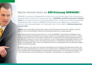 Welche Vorteile bietet die ERP-II-Lösung WEBWARE?
WEBWARE ist einerseits außergewöhnlich ﬂexibel und an die Anforderungen eines Unternehmens
anpassbar. Aber es leistet noch entscheidend mehr: WEBWARE erschließt webexklusive Möglichkeiten für die Zusammenarbeit mit Ihren Geschäftspartnern. Und genau das bietet entscheidende
Wettbewerbsvorteile. Zudem ist WEBWARE funktional sehr breit aufgestellt und verfügt über
eine sehr hohe Leistungsfähigkeit. Wir beschreiben dies mit dem Begriff „Mittelstandsgerechte
Funktionsfülle“.
WEBWARE nutzt ein dreistuﬁges Schichtenmodell. Hierbei sind die Datenbanken (Pervasive SQL, MS-SQL), die Technik
(WEB 2.0) und die Funktionsbibliothek (Module und BusinessFrames) getrennt und separat skalierbar.
Diese Softwarearchitektur bietet immense Vorteile. Zum einen kann WEBWARE in Organisationen unabhängig von deren
Größe, Standortverteilung und Mitarbeiterzahl schrittweise eingeführt und kostengünstig aufskaliert werden, zum anderen
ermöglicht die Architektur eine Trennung zwischen Programmcode und individueller Abstimmung auf Geschäftsprozesse. So
kann WEBWARE individuell für ein oder in einem Unternehmen mit dem Entwicklungswerkzeug DESIGNER bearbeitet und an
die Geschäftsabläufe angepasst werden. Den Programmcode können wir im Softwarehaus weiterentwickeln und auf dem
neuesten Technologiestand halten. Unsere neuen Programmversionen einer Softwaregeneration sind vollständig kompatibel
zu den individuellen Anpassungen.
WEBWARE-Anwender nutzen jeweils eine topmoderne Individuallösung, die die speziellen Geschäftsprozesse optimal unterstützt und dadurch Wettbewerbsvorteile schafft. Durch den ﬂexiblen Ansatz von WEBWARE lassen sich mit der Automatisierung von Abläufen über Unternehmensgrenzen hinweg Potenziale einfacher wecken und so die Produktivität steigern, auch
in der Zusammenarbeit mit allen Geschäftspartnern, Mitarbeitern, Geschäftsstellen und unabhängig von Zeit und Ort.

6

 