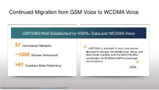 Continued Migration from GSM Voice to WCDMA Voice


                              UMTS900 Well Established for HSPA+ Data and WCDMA Voice


                              Commercial Networks
                                                                                                 …UMTS900 is standard in most new devices
                                                                                                 destined for Europe, the Middle East, Africa, and
                                           Devices Announced                                     Asia Pacific markets, with the 900/2100 MHz
                                                                                                 combination for WCDMA-HSPA increasingly
                                                                                                 commonplace…
                                   Countries Allow Refarming1
                                                                                                                                     - GSA




1Some   countries may not need regulatory approval; Source: www.gsacom.com as of Nov 20, 2012.
 