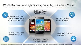 WCDMA+ Ensures High Quality, Reliable, Ubiquitous Voice

                                                                                             Builds on Proven
                                                                                             WCDMA Voice1
                       Extended Talk-Time2
                       ~20% reduced modem                                                                                                                  Global Roaming
                       current consumption                                                                                                                 in Global Bands




                         Simultaneous Voice                                                                                                                  Leverages Existing
                         and HSPA+ Data                                                                                                                      Investments

                                                                                            Proven Robustness
                                                                                            with Soft-Handover
1High                                                                                                                                                                                                    9
        quality thanks to soft handover, proven interoperability and 10+ years of WCDMA circuit switched voice optimizations. 2Current modem consumption reduced by ~20% with WCDMA+ compared to WCDMA
 