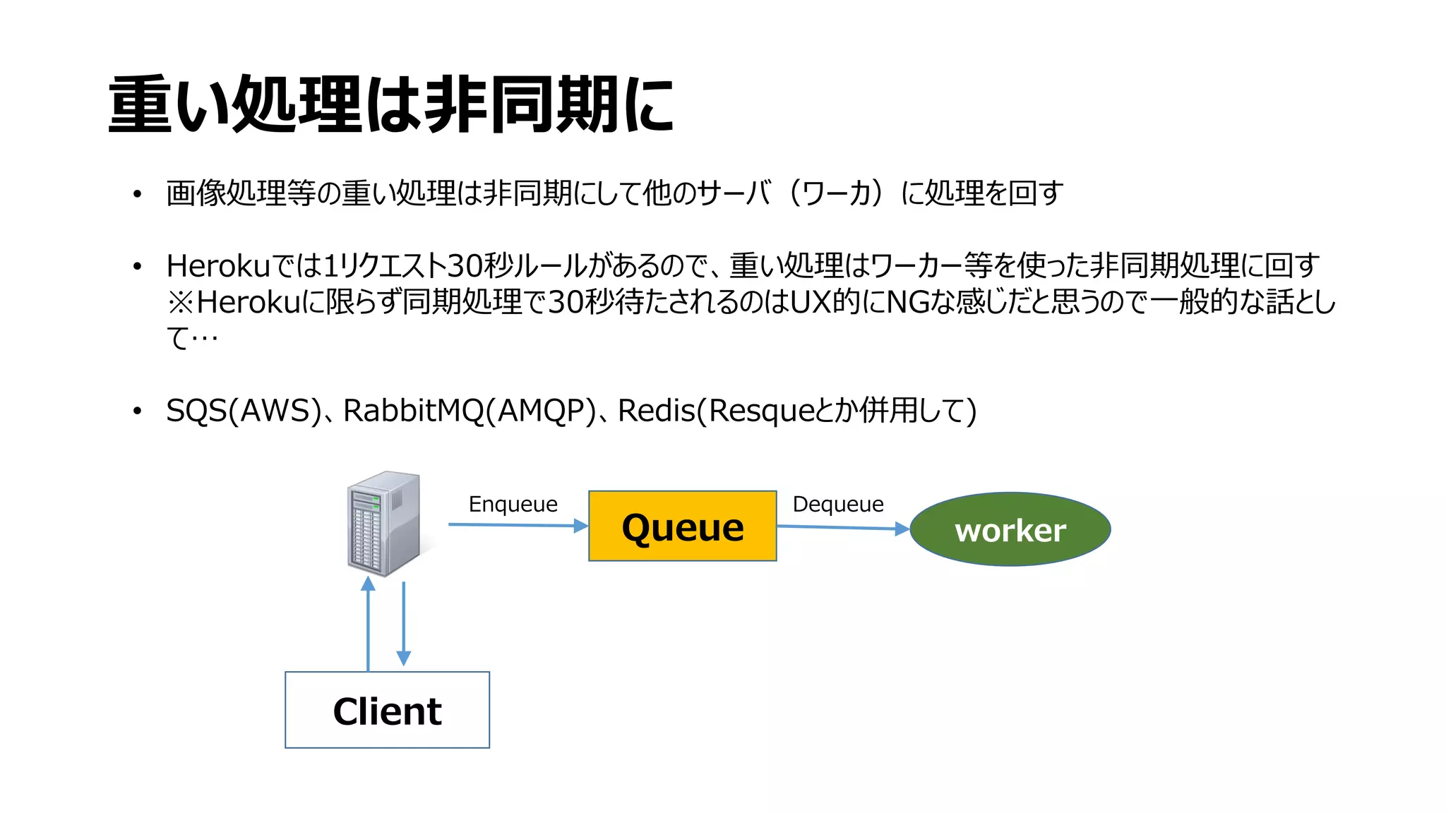 重い処理は非同期に
• 画像処理等の重い処理は非同期にして他のサーバ（ワーカ）に処理を回す
• Herokuでは1リクエスト30秒ルールがあるので、重い処理はワーカー等を使った非同期処理に回す
※Herokuに限らず同期処理で30秒待たされるのはUX的にNGな感じだと思うので一般的な話とし
て…
• SQS(AWS)、RabbitMQ(AMQP)、Redis(Resqueとか併用して)
workerQueue
Enqueue Dequeue
Client
 
