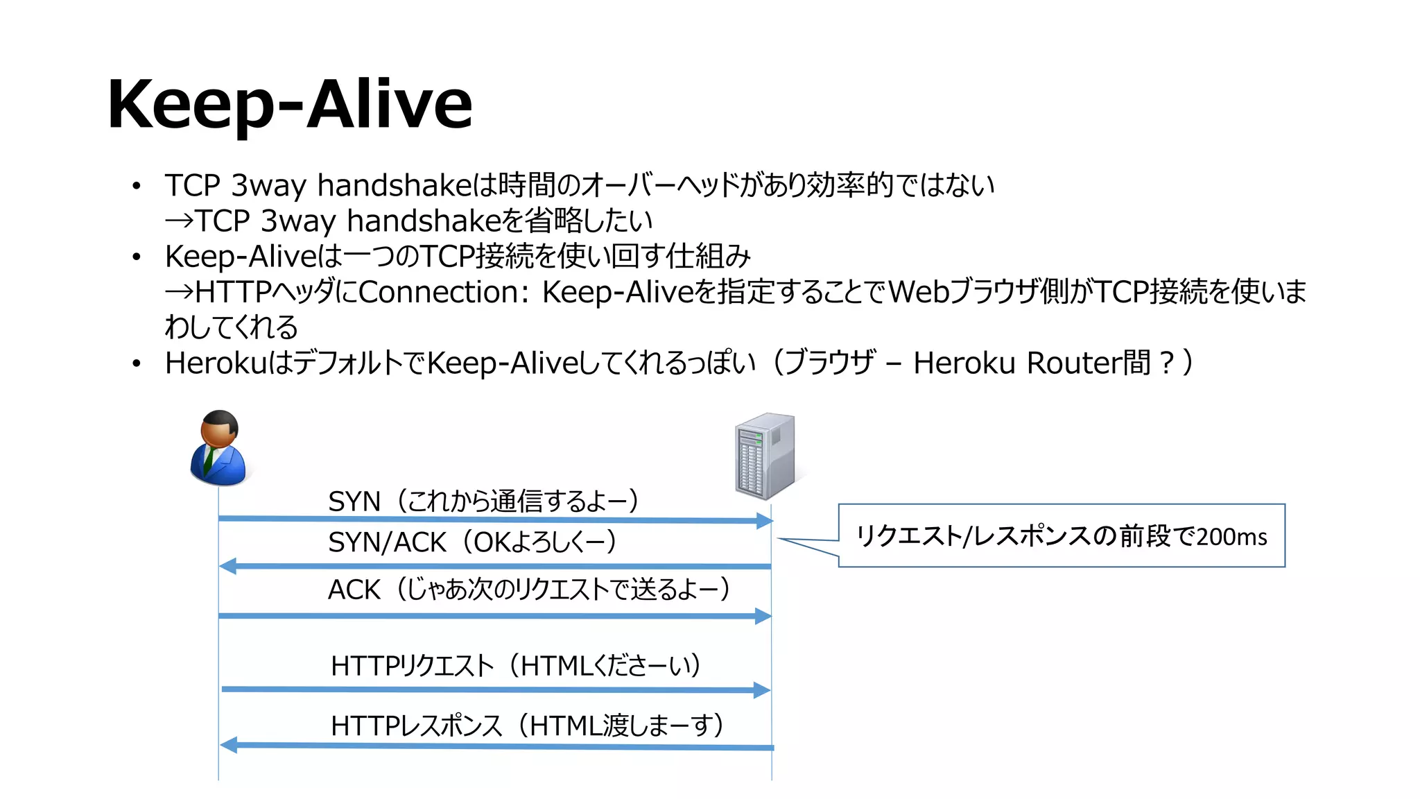 Keep-Alive
• TCP 3way handshakeは時間のオーバーヘッドがあり効率的ではない
→TCP 3way handshakeを省略したい
• Keep-Aliveは一つのTCP接続を使い回す仕組み
→HTTPヘッダにConnection: Keep-Aliveを指定することでWebブラウザ側がTCP接続を使いま
わしてくれる
• HerokuはデフォルトでKeep-Aliveしてくれるっぽい（ブラウザ – Heroku Router間？）
HTTPリクエスト（HTMLくださーい）
HTTPレスポンス（HTML渡しまーす）
SYN（これから通信するよー）
SYN/ACK（OKよろしくー）
ACK（じゃあ次のリクエストで送るよー）
リクエスト/レスポンスの前段で200ms
 