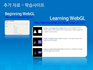 ????-????? 
Beginning WebGL 
http://www.beginningwebgl.comLearning WebGL 
http://learningwebgl.com/blog/?page_id=1217  