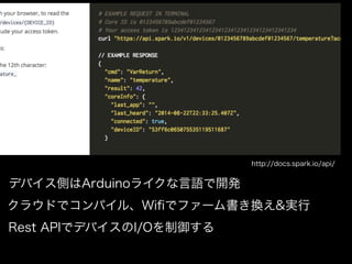 http://docs.spark.io/api/
デバイス側はArduinoライクな言語で開発
クラウドでコンパイル、Wiﬁでファーム書き換え&実行
Rest APIでデバイスのI/Oを制御する
 
