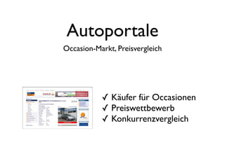 Autoportale
Occasion-Markt, Preisvergleich




           ✓ Käufer für Occasionen
           ✓ Preiswettbewerb
           ✓ Konkurrenzvergleich
 