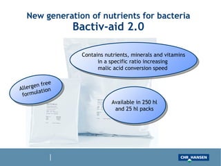 New generation of nutrients for bacteria Bactiv-aid 2.0 Allergen free formulation Available in 250 hl and 25 hl packs Contains nutrients, minerals and vitamins in a specific ratio increasing  malic acid conversion speed  