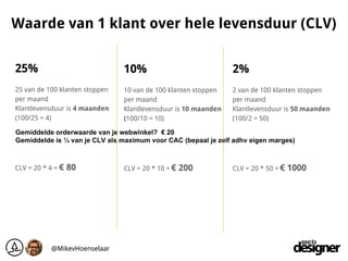 25%
25 van de 100 klanten stoppen
per maand
Klantlevensduur is 4 maanden
(100/25 = 4)
CLV = 20 * 4 = € 80
10%
10 van de 10...