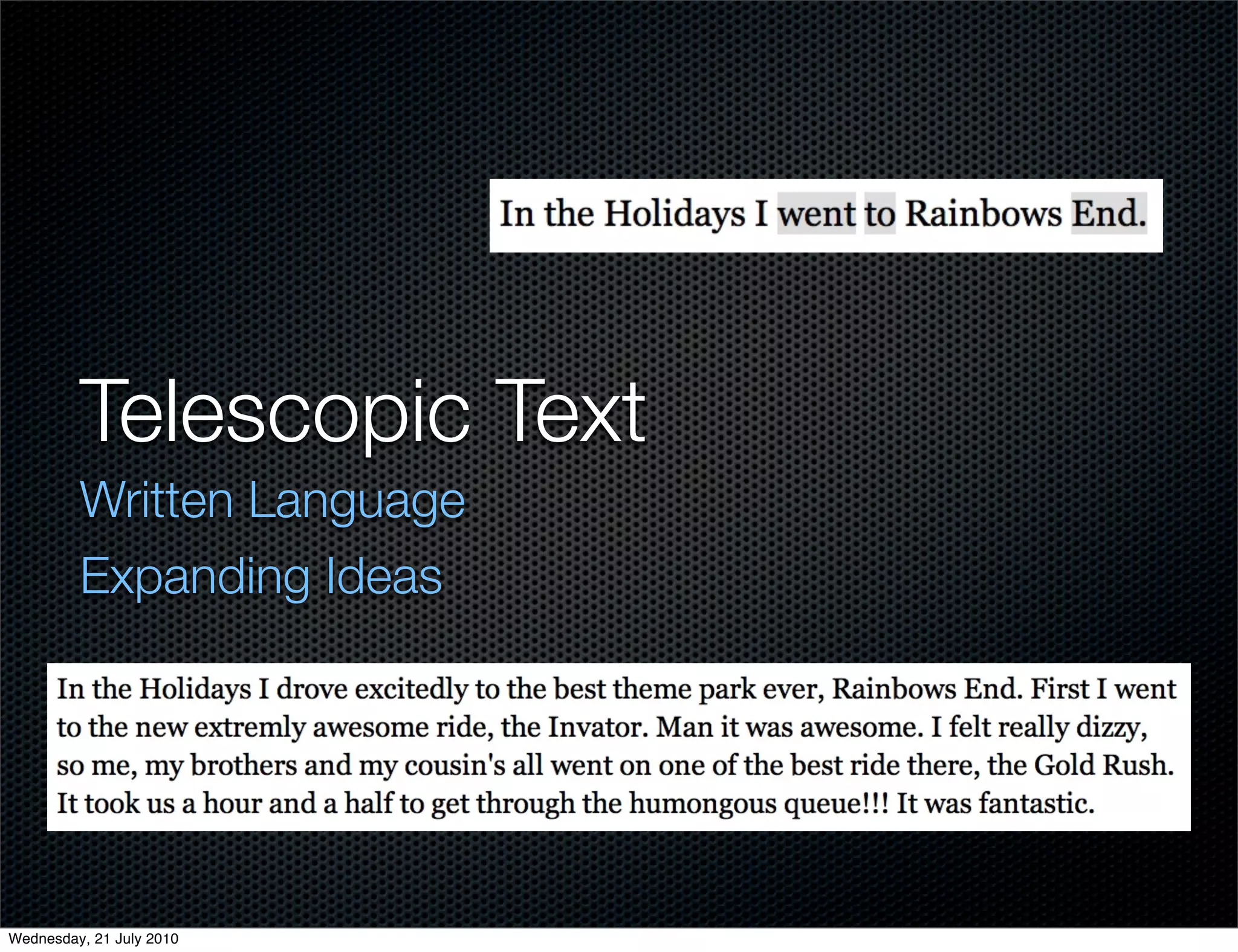 Telescopic Text
         Written Language
         Expanding Ideas




Wednesday, 21 July 2010
 