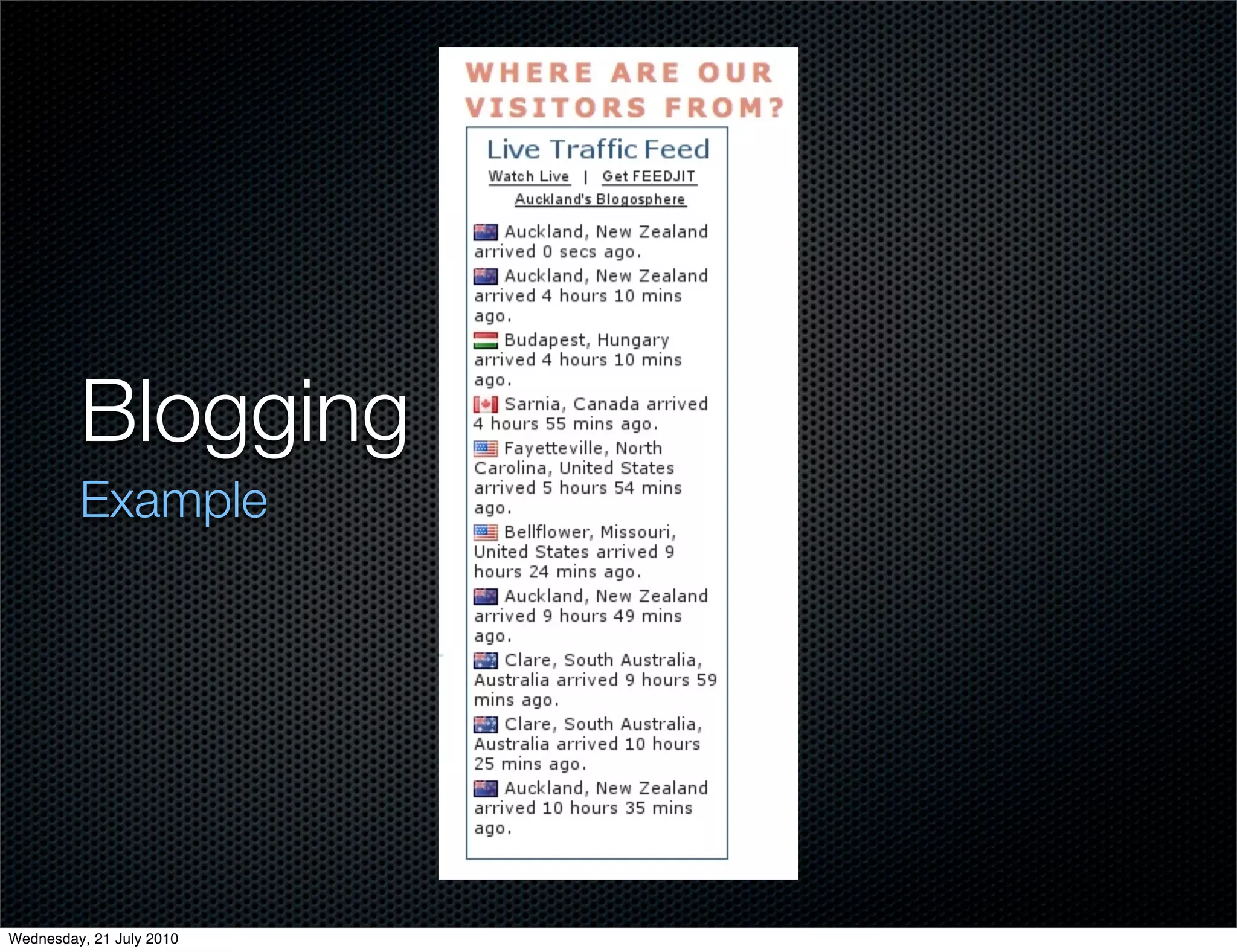 Blogging
         Example




Wednesday, 21 July 2010
 