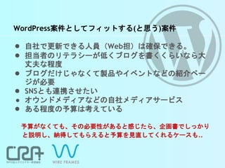 WordPress案件としてフィットする(と思う)案件
● 自社で更新できる人員（Web担）は確保できる。
● 担当者のリテラシーが低くブログを書くくらいなら大
丈夫な程度
● ブログだけじゃなくて製品やイベントなどの紹介ペー
ジが必要
● SNSとも連携させたい
● オウンドメディアなどの自社メディアサービス
● ある程度の予算は考えている
予算がなくても、その必要性があると感じたら、企画書でしっかり
と説明し、納得してもらえると予算を見直してくれるケースも..
 