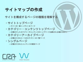 サイトマップの作成
サイトを構成するページの種類を理解する
・サイトトップページ
---サイトの一番トップにくるページ
・カテゴリー・コンテンツトップページ
---分類分けしたカテゴリーやコンテンツのトップページ(省略される場合もあり)
・カテゴリーアーカイブページ
---分類分けされた一つのカテゴリーの一覧ページ
・シングルページ
---分類分けされたコンテンツの個別ページ
 