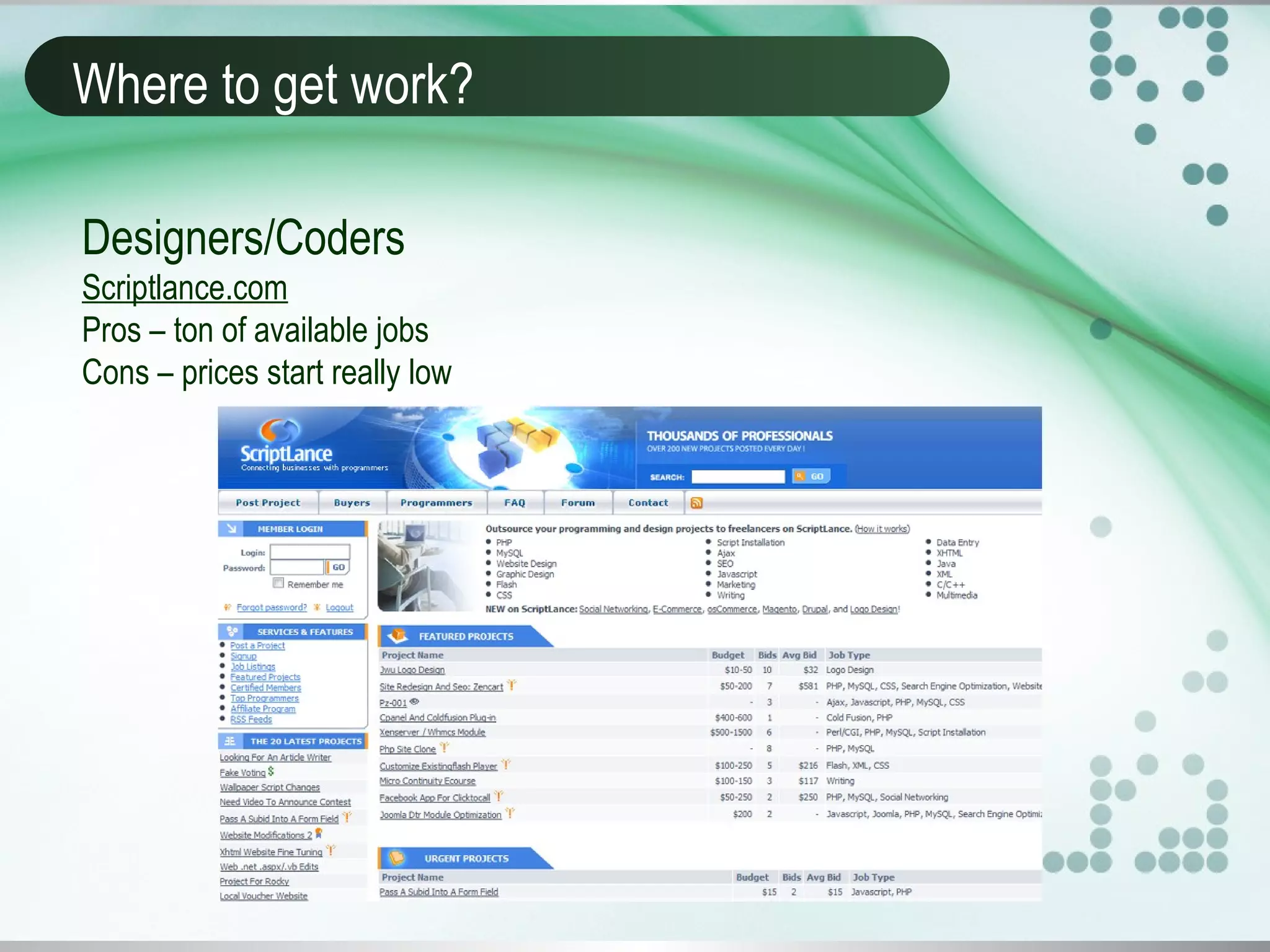 Where to get work?
Designers/Coders
Scriptlance.com
Pros – ton of available jobs
Cons – prices start really low
 