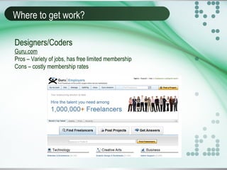 Where to get work?
Designers/Coders
Guru.com
Pros – Variety of jobs, has free limited membership
Cons – costly membership rates
 