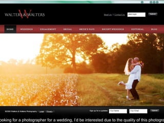 How to get work
1. BUILD A KILLER ONLINE
PORTFOLIO
Prospective clients usually would like
to see what you have done in the
past.
TIPS
- Show off your best work
- Show only related skill
- Easy Way to contact you
ooking for a photographer for a wedding, I’d be interested due to the quality of this photogra
 