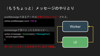 （もうちょっと）メッセージのやりとり
Worker
UI
postMessageで送るデータは共有ではなくコピーされる。
onmessageで受けとったものはコピー。
worker.postMessage({ count: 1000 });
worker.onmessage = function(evt) { // MessageEvent
console.log(evt.data);
};
同一のインスタンスを共有せずに双方で複製。
 