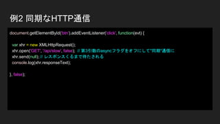 例2 同期なHTTP通信
document.getElementById('btn').addEventListener('click', function(evt) {
var xhr = new XMLHttpRequest();
xhr.open('GET', '/api/slow', false); // 第3引数のasyncフラグをオフにして"同期"通信に
xhr.send(null); // レスポンスくるまで待たされる
console.log(xhr.responseText);
}, false);
 