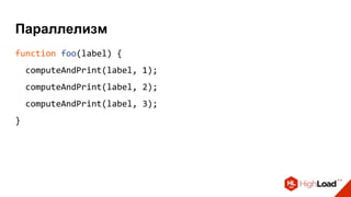 Параллелизм
function foo(label) {
computeAndPrint(label, 1);
computeAndPrint(label, 2);
computeAndPrint(label, 3);
}
 