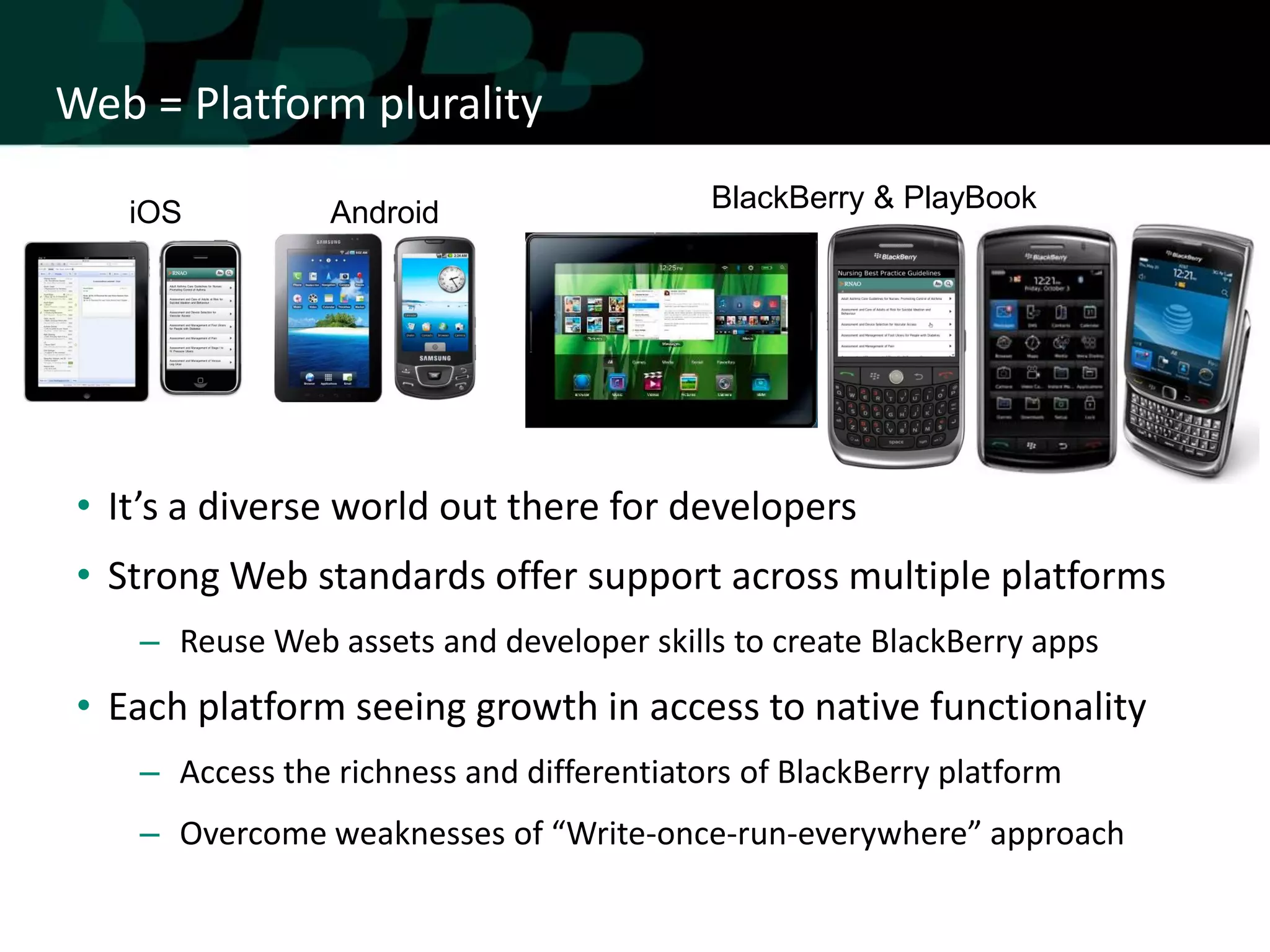 Web = Platform plurality

    iOS          Android                   BlackBerry & PlayBook




 • It’s a diverse world out there for developers
 • Strong Web standards offer support across multiple platforms
    – Reuse Web assets and developer skills to create BlackBerry apps
 • Each platform seeing growth in access to native functionality
    – Access the richness and differentiators of BlackBerry platform
    – Overcome weaknesses of “Write-once-run-everywhere” approach
 
