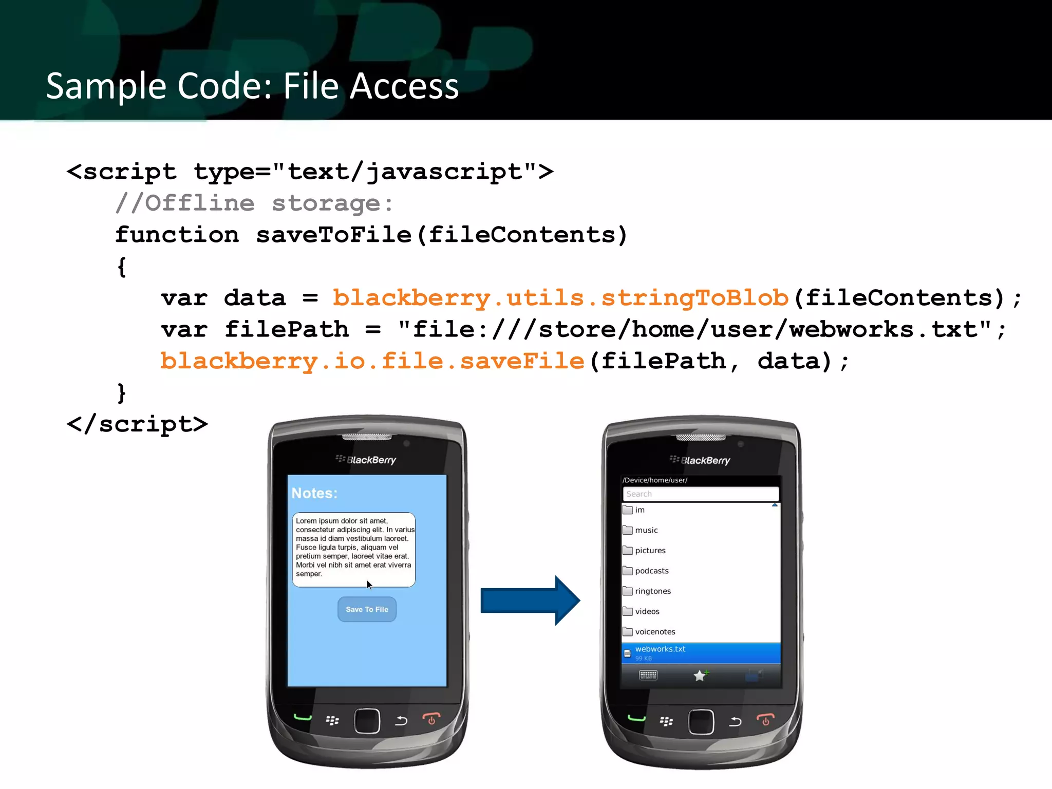 Sample Code: File Access
 <script type="text/javascript">
    //Offline storage:
    function saveToFile(fileContents)
    {
       var data = blackberry.utils.stringToBlob(fileContents);
       var filePath = "file:///store/home/user/webworks.txt";
       blackberry.io.file.saveFile(filePath, data);
    }
 </script>
 