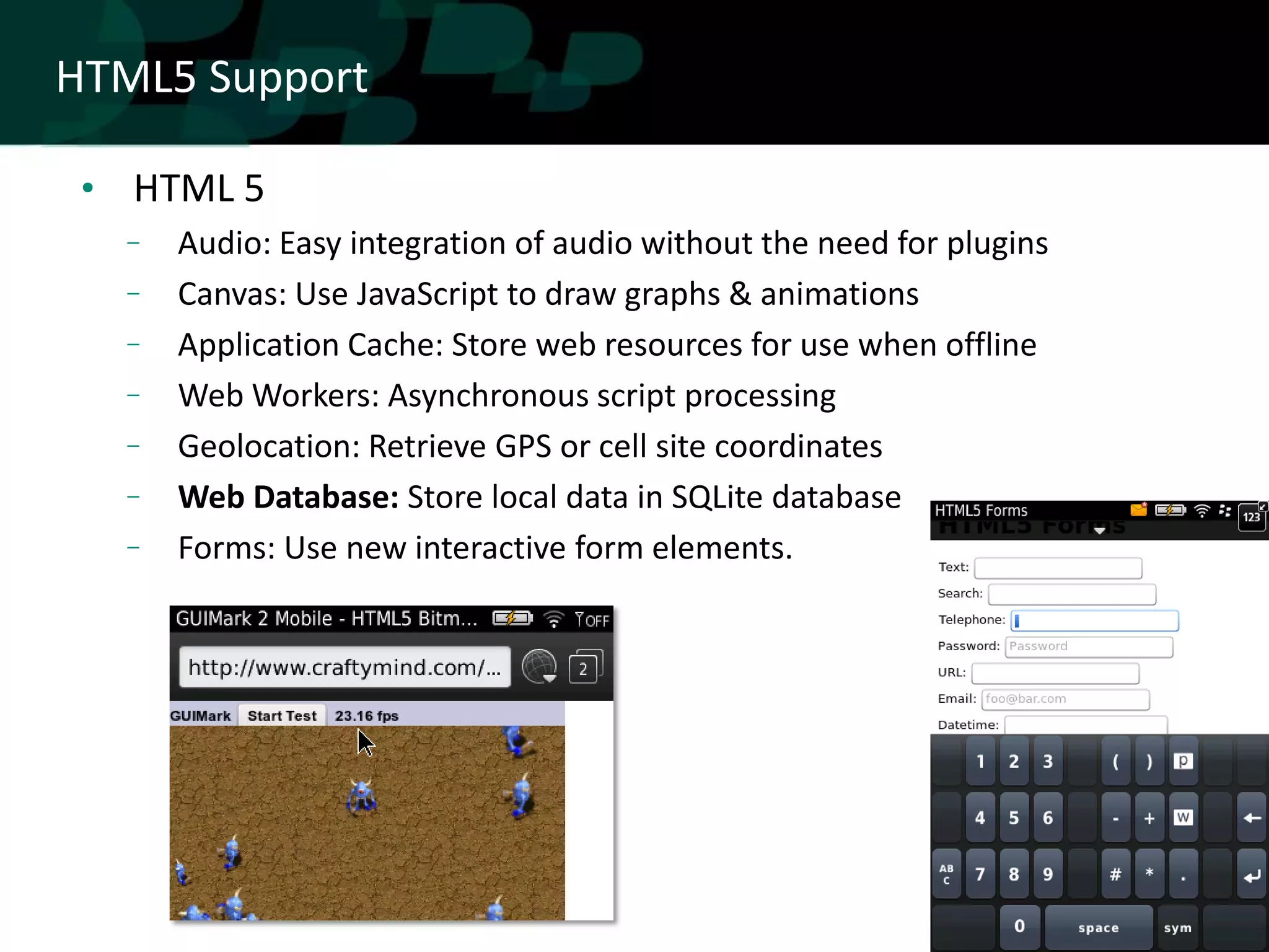 HTML5 Support

 • HTML 5
     Audio: Easy integration of audio without the need for plugins
     Canvas: Use JavaScript to draw graphs & animations
     Application Cache: Store web resources for use when offline
     Web Workers: Asynchronous script processing
     Geolocation: Retrieve GPS or cell site coordinates
     Web Database: Store local data in SQLite database
     Forms: Use new interactive form elements.
 