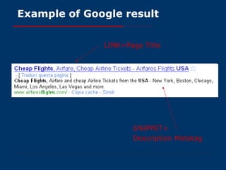 Example of Google result LINK=Page Title SNIPPET= Description Metatag 