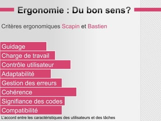 Critères ergonomiques Scapin et Bastien


Guidage
Charge de travail
Contrôle utilisateur
Adaptabilité
Gestion des erreurs
Cohérence
Signifiance des codes
Compatibilité
L’accord entre les caractéristiques des utilisateurs et des tâches
 