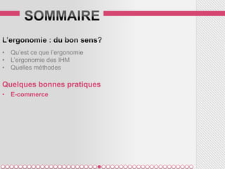• Qu’est ce que l’ergonomie
• L’ergonomie des IHM
• Quelles méthodes

Quelques bonnes pratiques
• E-commerce
 