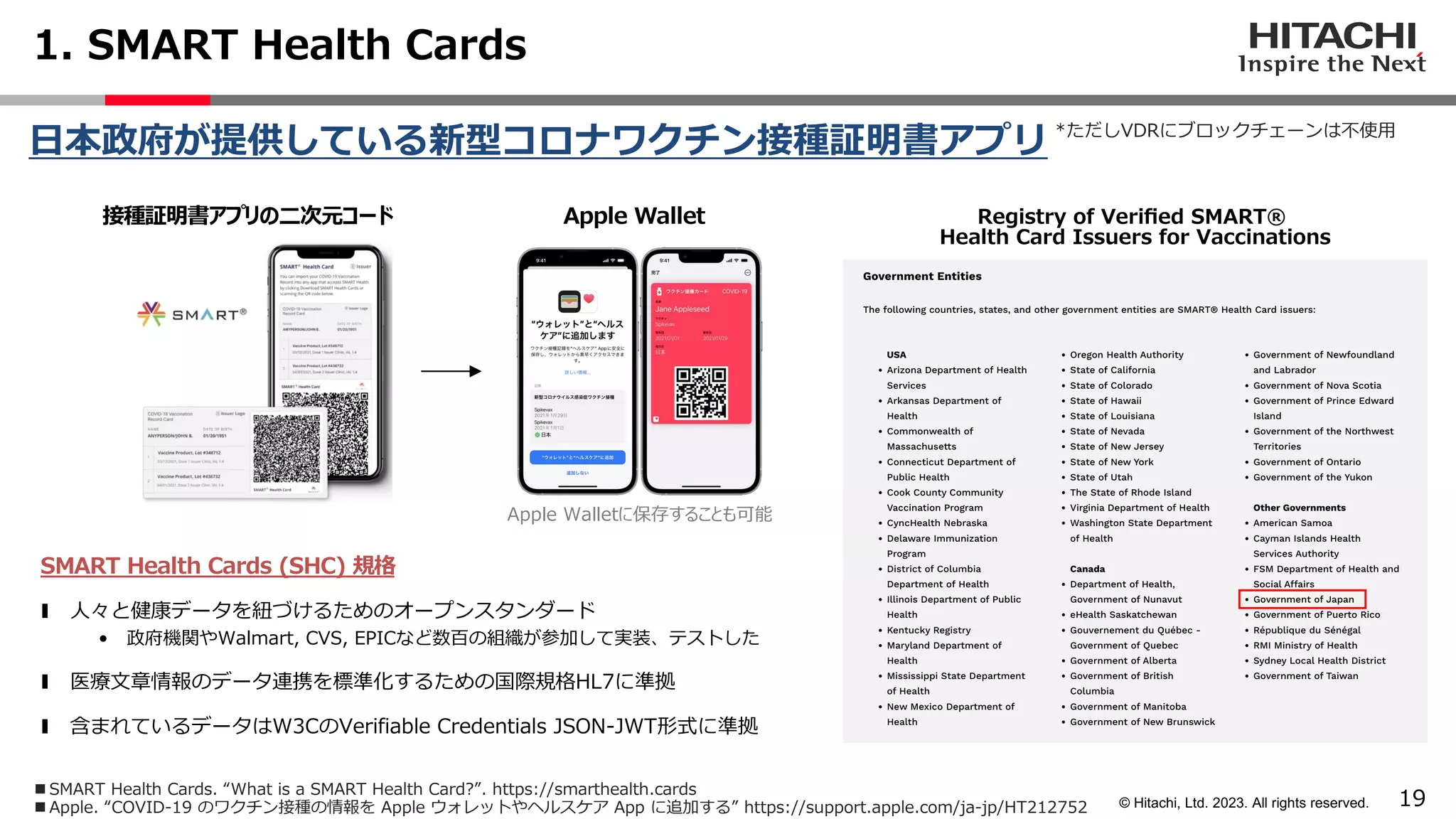 19
© Hitachi, Ltd. 2023. All rights reserved.
1. SMART Health Cards
⽇本政府が提供している新型コロナワクチン接種証明書アプリ
接種証明書アプリの⼆次元コード Apple Wallet
Apple Walletに保存することも可能
Registry of Veriﬁed SMART®
Health Card Issuers for Vaccinations
*ただしVDRにブロックチェーンは不使⽤
SMART Health Cards (SHC) 規格
❚ ⼈々と健康データを紐づけるためのオープンスタンダード
• 政府機関やWalmart, CVS, EPICなど数百の組織が参加して実装、テストした
❚ 医療⽂章情報のデータ連携を標準化するための国際規格HL7に準拠
❚ 含まれているデータはW3CのVerifiable Credentials JSON-JWT形式に準拠
n SMART Health Cards. “What is a SMART Health Card?”. https://smarthealth.cards
n Apple. “COVID-19 のワクチン接種の情報を Apple ウォレットやヘルスケア App に追加する” https://support.apple.com/ja-jp/HT212752
 