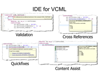 IDE for VCML
Validation
Content Assist
Quickfixes
Cross References
 