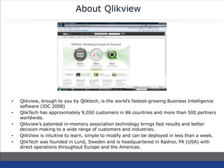 About Qlikview
• Qlikview, brough to you by Qliktech, is the world’s fastest-growing Business Intelligence
software (IDC 2008)
• QlikTech has approximately 9,050 customers in 86 countries and more than 500 partners
worldwide.
• Qlikview’s patented in-memory association technology brings fast results and better
decision making to a wide range of customers and industries.
• QlikView is intuitive to learn, simple to modify and can be deployed in less than a week.
• QlikTech was founded in Lund, Sweden and is headquartered in Radnor, PA (USA) with
direct operations throughout Europe and the Americas.
 