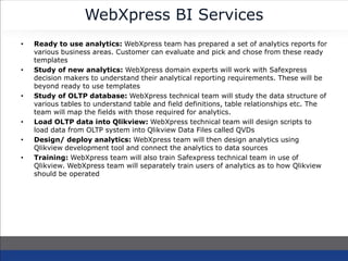 WebXpress BI Services
• Ready to use analytics: WebXpress team has prepared a set of analytics reports for
various business areas. Customer can evaluate and pick and chose from these ready
templates
• Study of new analytics: WebXpress domain experts will work with Safexpress
decision makers to understand their analytical reporting requirements. These will be
beyond ready to use templates
• Study of OLTP database: WebXpress technical team will study the data structure of
various tables to understand table and field definitions, table relationships etc. The
team will map the fields with those required for analytics.
• Load OLTP data into Qlikview: WebXpress technical team will design scripts to
load data from OLTP system into Qlikview Data Files called QVDs
• Design/ deploy analytics: WebXpress team will then design analytics using
Qlikview development tool and connect the analytics to data sources
• Training: WebXpress team will also train Safexpress technical team in use of
Qlikview. WebXpress team will separately train users of analytics as to how Qlikview
should be operated
 