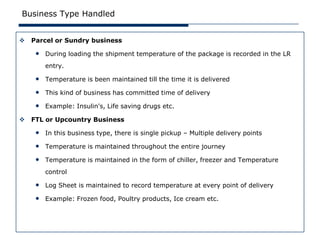 Business Type Handled


   Parcel or Sundry business

     • During loading the shipment temperature of the package is recorded in the LR
        entry.

     • Temperature is been maintained till the time it is delivered
     • This kind of business has committed time of delivery
     • Example: Insulin's, Life saving drugs etc.
   FTL or Upcountry Business

     • In this business type, there is single pickup – Multiple delivery points
     • Temperature is maintained throughout the entire journey
     • Temperature is maintained in the form of chiller, freezer and Temperature
        control

     • Log Sheet is maintained to record temperature at every point of delivery
     • Example: Frozen food, Poultry products, Ice cream etc.
 