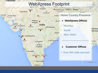 • Mumbai
• Surat
• New Delhi
Home Country Presence
WebXpress Offices
Customer Offices
 Over 500 cities serviced
WebXpress Footprint
 