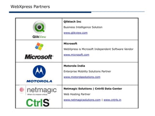 WebXpress Partners


                     Qliktech Inc

                     Business Intelligence Solution

                     www.qlikview.com



                     Microsoft

                     WebXpress is Microsoft Independent Software Vendor

                     www.microsoft.com



                     Motorola India

                     Enterprise Mobility Solutions Partner

                     www.motorolasolutions.com



                     Netmagic Solutions | CntrlS Data Center

                     Web Hosting Partner

                     www.netmagicsolutions.com | www.cntrls.in
 
