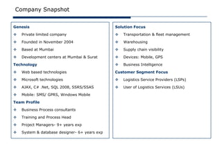 Company Snapshot


Genesis                                        Solution Focus

   Private limited company                       Transportation & fleet management

   Founded in November 2004                      Warehousing

   Based at Mumbai                               Supply chain visibility

   Development centers at Mumbai & Surat         Devices: Mobile, GPS

Technology                                        Business Intelligence

   Web based technologies                     Customer Segment Focus

   Microsoft technologies                        Logistics Service Providers (LSPs)

   AJAX, C# .Net, SQL 2008, SSRS/SSAS            User of Logistics Services (LSUs)

   Mobile: SMS/ GPRS, Windows Mobile

Team Profile

   Business Process consultants

   Training and Process Head

   Project Managers- 9+ years exp

   System & database designer- 6+ years exp
 