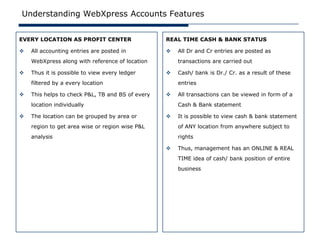 Understanding WebXpress Accounts Features


EVERY LOCATION AS PROFIT CENTER                   REAL TIME CASH & BANK STATUS

   All accounting entries are posted in             All Dr and Cr entries are posted as
    WebXpress along with reference of location        transactions are carried out

   Thus it is possible to view every ledger         Cash/ bank is Dr./ Cr. as a result of these
    filtered by a every location                      entries

   This helps to check P&L, TB and BS of every      All transactions can be viewed in form of a
    location individually                             Cash & Bank statement

   The location can be grouped by area or           It is possible to view cash & bank statement
    region to get area wise or region wise P&L        of ANY location from anywhere subject to
    analysis                                          rights

                                                     Thus, management has an ONLINE & REAL
                                                      TIME idea of cash/ bank position of entire
                                                      business
 