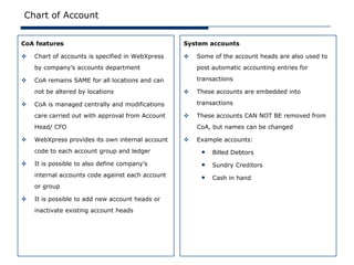 Chart of Account


CoA features                                      System accounts

   Chart of accounts is specified in WebXpress      Some of the account heads are also used to
    by company’s accounts department                  post automatic accounting entries for

   CoA remains SAME for all locations and can        transactions

    not be altered by locations                      These accounts are embedded into

   CoA is managed centrally and modifications        transactions

    care carried out with approval from Account      These accounts CAN NOT BE removed from
    Head/ CFO                                         CoA, but names can be changed

   WebXpress provides its own internal account      Example accounts:
    code to each account group and ledger              • Billed Debtors
   It is possible to also define company’s            • Sundry Creditors
    internal accounts code against each account        • Cash in hand
    or group

   It is possible to add new account heads or
    inactivate existing account heads
 