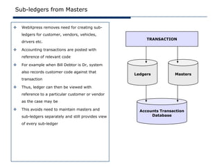 Sub-ledgers from Masters


   WebXpress removes need for creating sub-
    ledgers for customer, vendors, vehicles,
                                                          TRANSACTION
    drivers etc.

   Accounting transactions are posted with
    reference of relevant code

   For example when Bill Debtor is Dr, system
    also records customer code against that
                                                     Ledgers          Masters
    transaction

   Thus, ledger can then be viewed with
    reference to a particular customer or vendor
    as the case may be

   This avoids need to maintain masters and           Accounts Transaction
    sub-ledgers separately and still provides view          Database

    of every sub-ledger
 