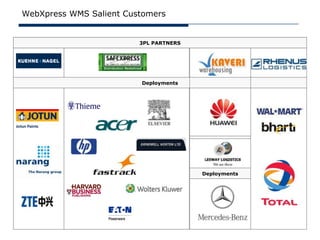 WebXpress WMS Salient Customers


                         3PL PARTNERS




                         Deployments




                                        Deployments
 