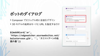 ボットのダイアログ
• Composer でビジュアル的に会話をデザイン
• 3D モデルの返却はモードと URL を指定するだけ
${WebXRCard('ar',
'https://edgewatcher.azurewebsites.net/
balustervase.glb', '', 'スミソニアーンの伝
説の壺')}
 