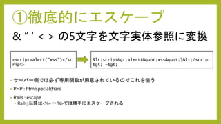 ①徹底的にエスケープ
• サーバー側では必ず専用関数が用意されているのでこれを使う
• PHP : htmlspecialchars
• Rails : escape
• Rails3以降は<%= ～ %>では勝手にエスケープされる
<script>alert("xss")</sc
ript>
<script>alert("xss")</script
> =>
& “ ‘ < > の5文字を文字実体参照に変換
 