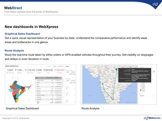 Copyright © 2019, WebXpress
New dashboards in WebXpress
Graphical Sales Dashboard
Get a quick visual representation of your business by state. Understand the comparative performance and identify weak
areas and bottlenecks in one glance.
Route Analysis
Study the real-time route taken by either orders or GPS-enabled vehicles throughout their journey. Get visibility on stoppages
and delays or even deviation in route.
Graphical Sales Dashboard Route Analysis
WebXtract
Your latest updates from the world of WebXpress
 