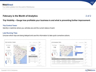 Copyright © 2019, WebXpress
February is the Month of Analytics
Trip Visibility – Gauge how profitable your business is and what is preventing further improvement.
Trip Control Tower
Identify in real-time where you vehicles are and the current status of each.
Late Running Trips
Uncover which trips are being delayed and use this information to take quick corrective actions.
WebXtract
Your latest updates from the world of WebXpress
2 of 2
 