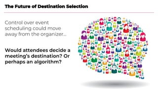 Control over event
scheduling could move
away from the organizer...
Would attendees decide a
meeting’s destination? Or
per...