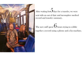 After waiting for5days for a transfer, we were
sent with an out of date and incomplete medical
record and transfer summary.
The new staff spent 6hours trying to cobble
together a record using a phone and a fax machine.
 