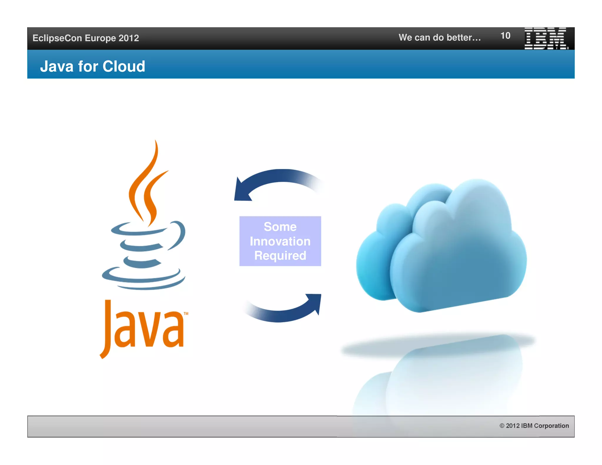 © 2012 IBM Corporation
EclipseCon Europe 2012 We can do better… 10
Java for Cloud
Some
Innovation
Required
 